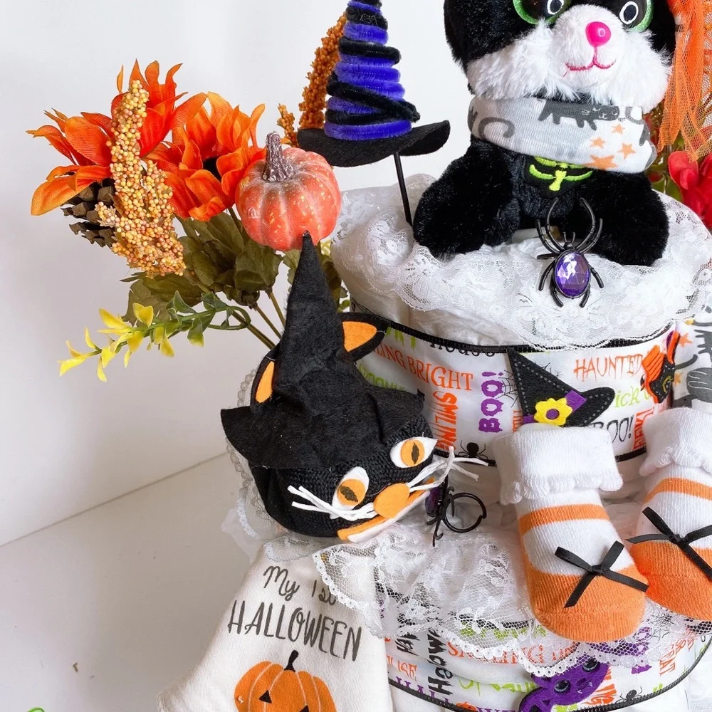 Girls Halloween Diaper Cake, Black cat Diaper Cake